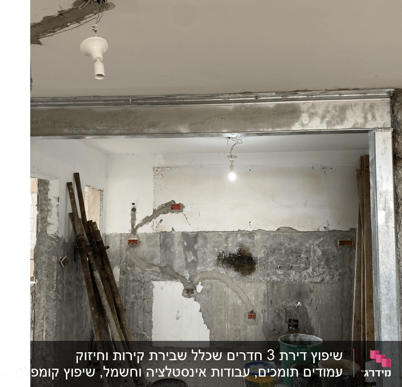 אתר בנייה עם קורות מתכת ודליים צבעוניים